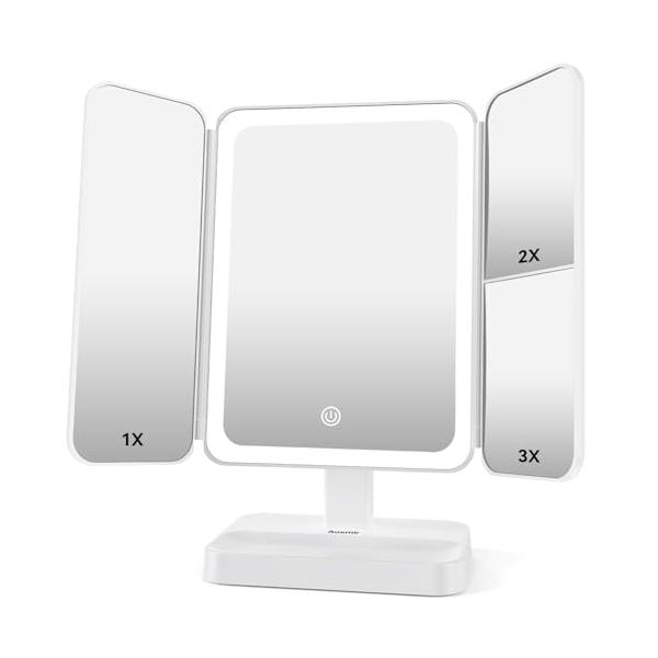 Auxmir 女優ミラー 三面鏡 卓上鏡 52個LED ライト付き 拡大鏡 2/3倍 3