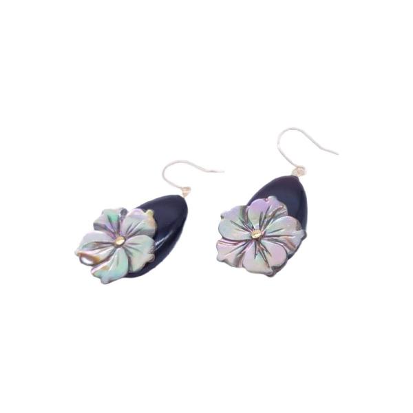 本べっ甲 ピアス しずく形 蝶貝花 黒蝶 シック 大人カワイイ お洒落 アメリカンフック プラプラ カジュアル フォーマル (Pi-084)
