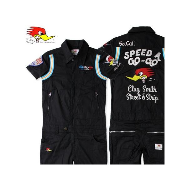 クレイスミスの半袖つなぎ（オーバーオール）です。車、バイク好きに愛されるウッドペッカー、クレイスミスのつなぎになります。肩周りにキャッチーなラインを入れ両肩にクレイスミスワッペンや刺繍をデザイン。バックデザインは「SPEED A GO GO...