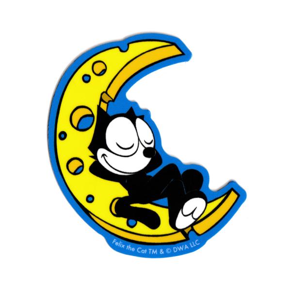 フィリックス・ザ・キャットのステッカーになります。世界で最も有名な黒猫とされるアメリカのキャラクター、FELIX THE CAT。コミックやアニメ、商品マスコットなど輝かしい経歴の持ち主ですね！こちらは三日月でお昼寝中の平和なフィリックス君...