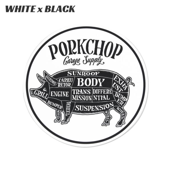 ポークチョップ ステッカー 車 アメリカン おしゃれ バイク かっこいい アメカジ ホットロッド PORKCHOP サークル ホワイト/ブラック