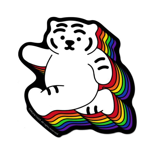 ムジークタイガーのステッカーになります。無職のトラをイメージした韓国発のキャラクター、MUZIKTIGER。呑気でマイペースな姿が日本でもウケて人気沸騰しているヤツです！コチラはアーティスティックに表現されたレインボームジークタイガー。屋内...