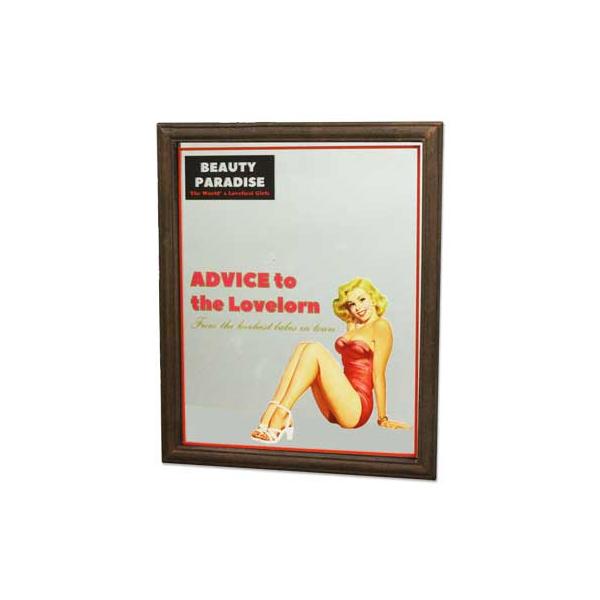 パブミラーになります。ビンテージライクなウッドフレームがオシャレなパブミラーです。オールドアメリカンな雰囲気がステキでしょう！セクシー美女の恋愛相談なんてワクワクしますね♪背面の治具を使って壁に掛けたり、立て掛けるのもイイでしょう。ポップで...