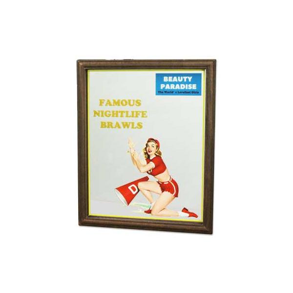 パブミラーになります。ビンテージライクなウッドフレームがオシャレなパブミラーです。オールドアメリカンな雰囲気がステキでしょう！セクシーチアガールが貴方の忙しい毎日を応援します♪背面の治具を使って壁に掛けたり、立て掛けるのもイイでしょう。ポッ...