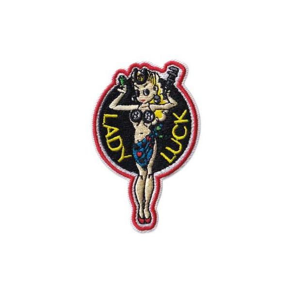 レディーラックのワッペンになります。ラットフィンクの生みの親エド・ロス氏が描いた幸運の女神、LADY LUCK。馬蹄に四つ葉のクローバー、８ボール、ダイスなどラッキーチャームのお祭り美女♪左手のノギスがガレージ感を残すバイカー＆カーガイの女...
