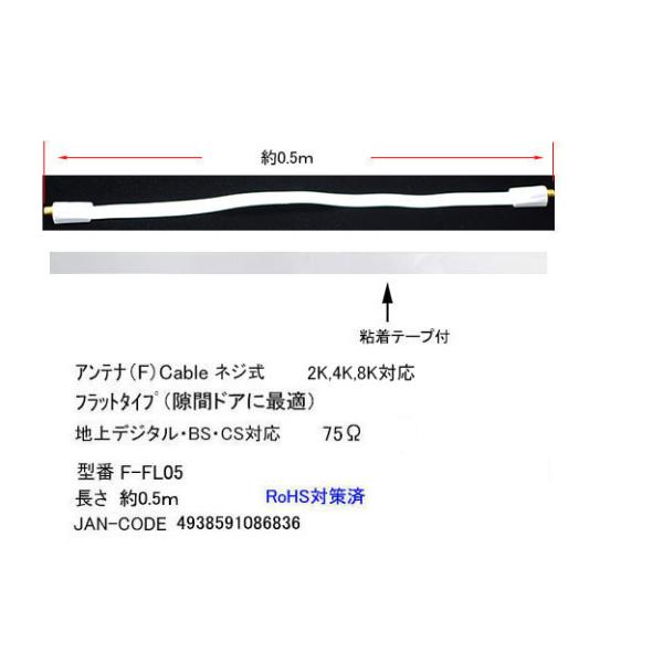 F-FL05 アンテナフラットケーブル ネジ式 粘着テープ付 75Ω 約0.5m 地上デジタル BS CS対応 RoHS対策済 【4個までメール便】