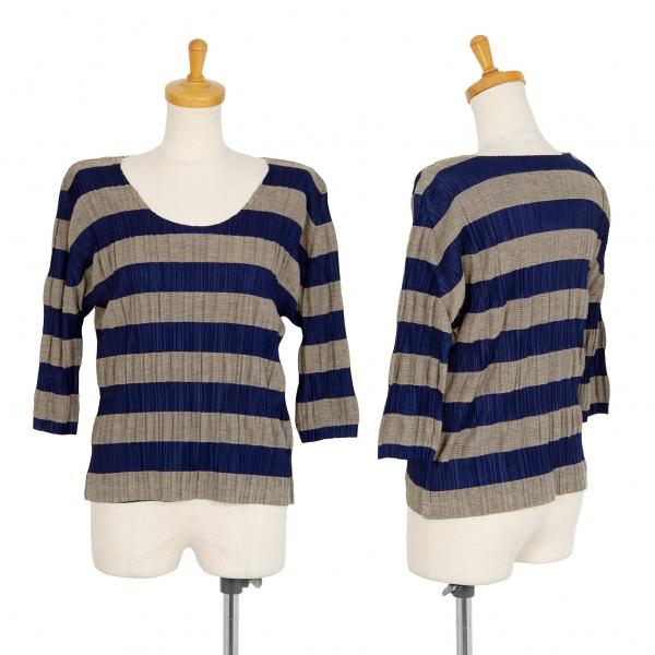 プリーツプリーズPLEATS PLEASE ポリリネンプリーツ加工ボーダー7分袖 