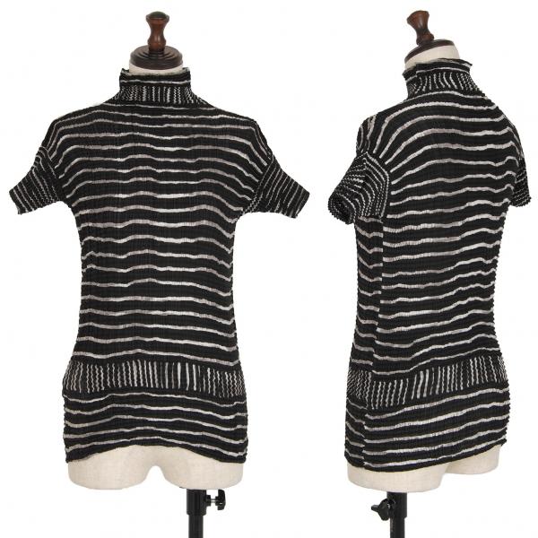 イッセイミヤケISSEY MIYAKE ボーダープリーツハイネックTシャツ 黒白M 