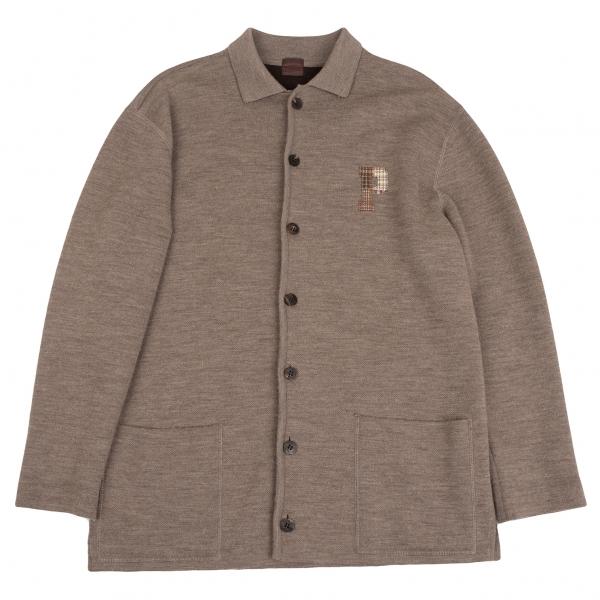 PAPAS パパスPapas ウール混ロゴ刺繍ニットジャケット モカ46S