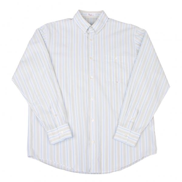 美品 PAPAS ボタンダウン リネンストライプシャツ 長袖 S