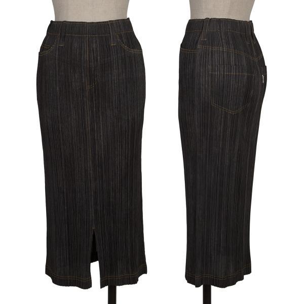 ［美品］プリーツプリーズ　ダークグレーデニム転写プリントスカート PLEATS PLEASE プリーツプリーズPLEATS デニム転写プリント