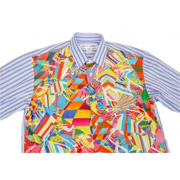 コムデギャルソン シャツcomme Des Garcons カラフルパッチワーク変形ストライプシャツ メーカー直送 メンズ マルチ水色xs Shirt