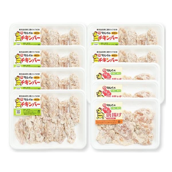 (1)手羽中を食べやすいハーフカットにし、シンプルで飽きのこない味付けに仕上げたチキンバーと、　一羽からわずかしか採れない国産若鶏肩肉を使用したやみつき唐揚げのセットです。(2)味付衣なので揚げるだけの簡単調理。(3)夕食やお弁当のおかず、...