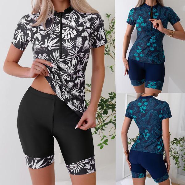 水着レディース 体型カバー 上下セット フィットネス水着 セパレート 水着 半袖 ジム プール 競泳水着 フロントジッパー 2点セットビーチ 旅行海
