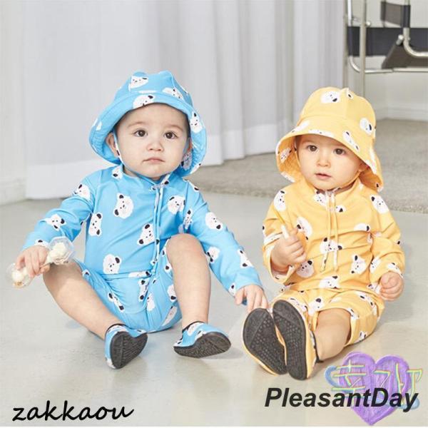 キッズ　長袖ラッシュガードかわいい　ベビー水着お子様を日焼けから守るカワイイパーカーです?こちらは、全身を守ってくれるつなぎタイプの水着となっています。プールや海で目立ちそうなカラーで、とってもおしゃれ。小さなお子さんの肌への負担が心配なお...