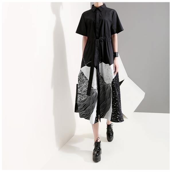オーバーサイズ シャツワンピース モダン プリント ワンピース 膝下