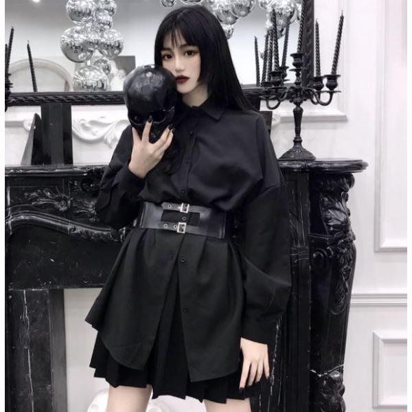 ロング シャツ ブラウス トップス シャツワンピ 長袖 ベルト付き レディース ブラック
