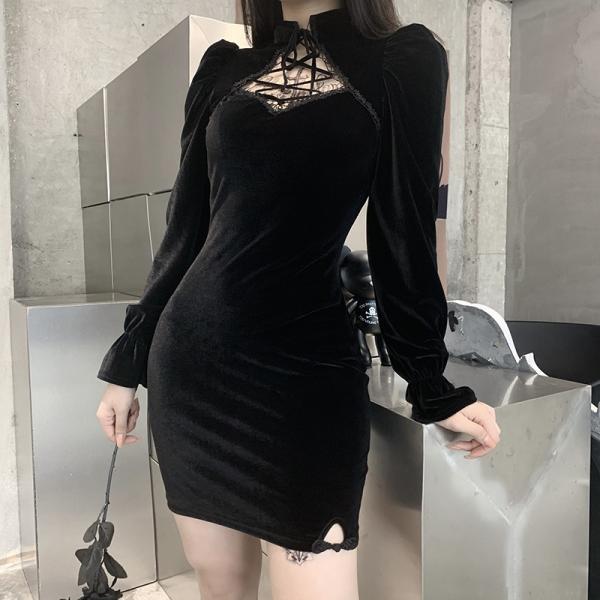ワンピース ドレス ゴシック 長袖 半袖 ワンピ タイト レース セクシー ブラック 黒 レディース ダーク ベロア