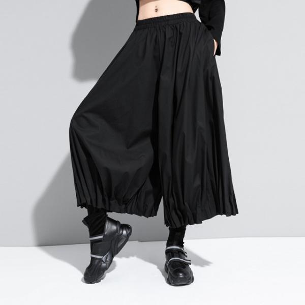 黒 スカート風ワイドパンツ プリーツ入り pleglad_kw117