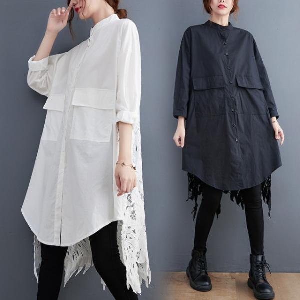 シャツワンピース 大きいサイズ ロングシャツ レディース 長袖 春 夏 トップス ロング丈 レース チュニック シャツ