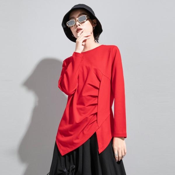 トップス レディース Tシャツ デザイン ロンT 不規則 アシンメトリー 長袖 シャツ モード系 個性的 大人 おしゃれ 黒 プリーツ 韓国ファッション 春夏