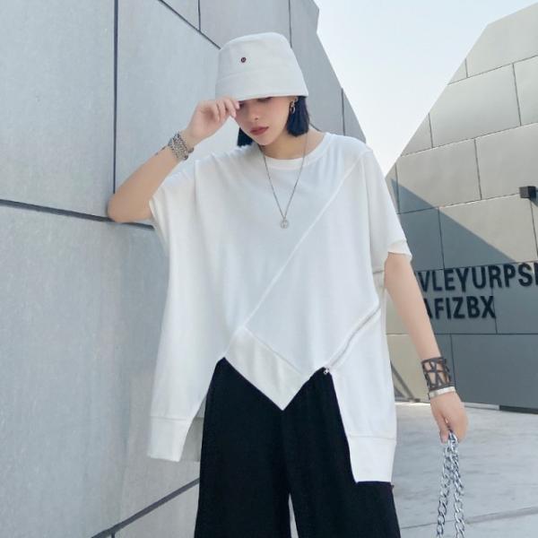 トップス レディース Tシャツ デザイン 半袖 シャツ モード系 個性的 不規則 アシンメトリー 大人 おしゃれ 黒 韓国ファッション 春夏