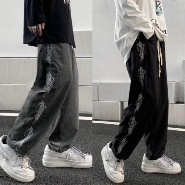 パンツ メンズ レディース サイドロゴ ズボン 原宿系ファッション ズボン 韓国 ダンス衣装 ブラック 黒 青文字系 ボトムス Sh057 Pleglad 通販 Yahoo ショッピング