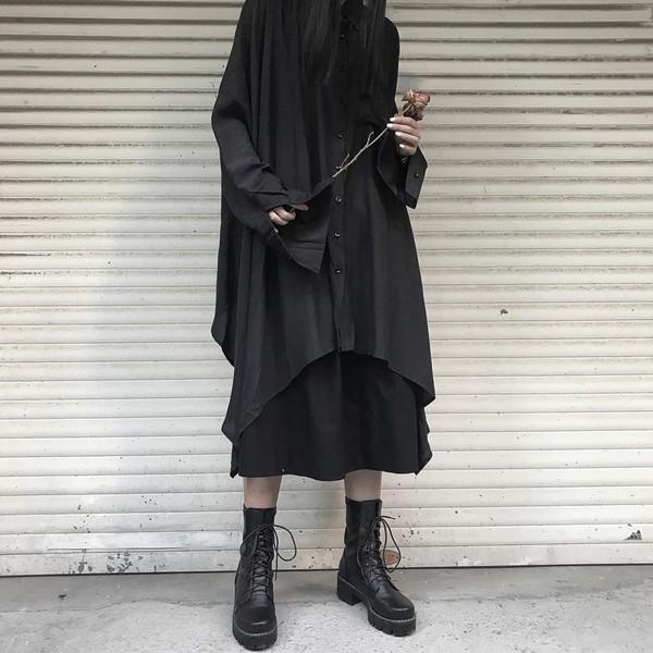 ロングシャツ レディース シャツワンピ アシンメトリ ゴシック 黒 ダーク  病みかわいい