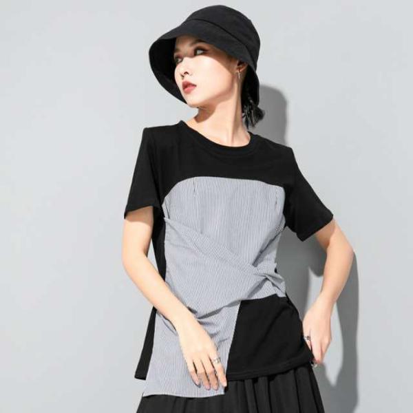 Tシャツ トップス レディース 半袖 モード系 個性的 不規則 アシンメトリー 大人 ゆったり ルーズ きれいめ 大人 黒 韓国ファッション 春夏