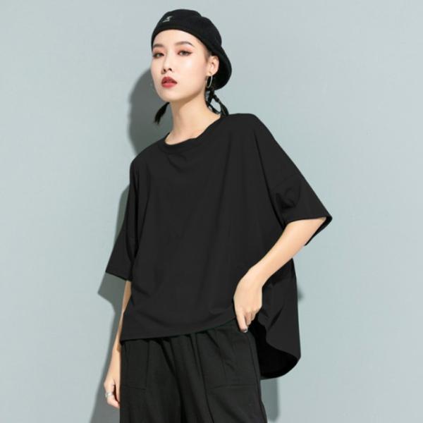 Tシャツ レディース 半袖 モード系 トップス カットソー バック フリル ドルマン 個性的 デザインシャツ プリーツ 大人 ルーズ きれいめ 黒