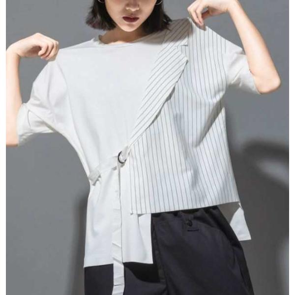 トップス レディース シャツ モード系 半袖 個性的 Tシャツ カットソー アシンメトリー 不規則 黒 カジュアル きれいめ ルーズ