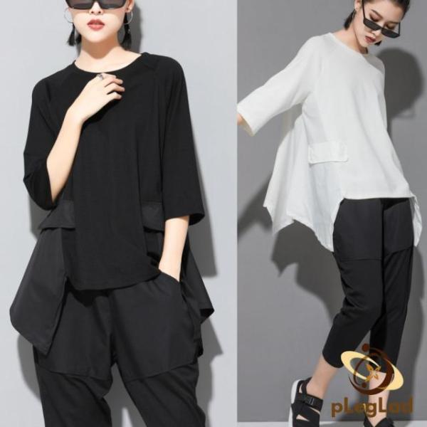 シャツ レディース Tシャツ トップス 半袖 5分袖 モード系 個性的 アシンメトリー 大人 きれいめ ゆったり ルーズ おしゃれ 黒 春夏
