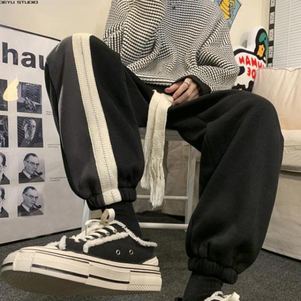 ジャージ メンズ ストレート スウェット サイドライン パンツ カジュアル 韓国ファッション ストリート系 ファッション ストライプ ルームウェア 部屋着 黒 春秋