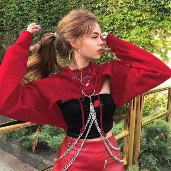 ショート丈 プルオーバー ボレロ レディース フード付き パーカー トレーナー長袖 ショート ハード トップス チェーン付き 個性的 モード ゴシック
