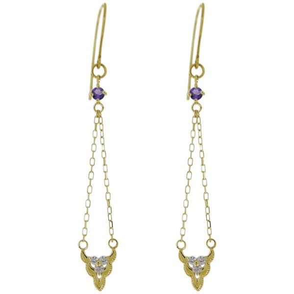 18金 ピアス ロングチェーン 天然石 アメジスト 揺れるピアス