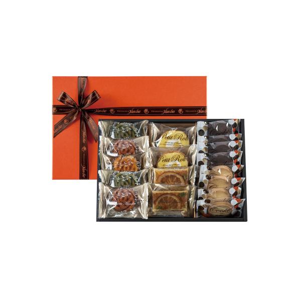 堂島プティロール、バラのフィナンシェ、クッキー、パイが入った焼菓子ボックス。 素材選びから製法に至るまでこだわり抜いた、シェフの自信作ばかりを詰め合わせました。 17点入：サブレバター、サブレショコラ 各4点 堂島プティロール、パイオレンジ...