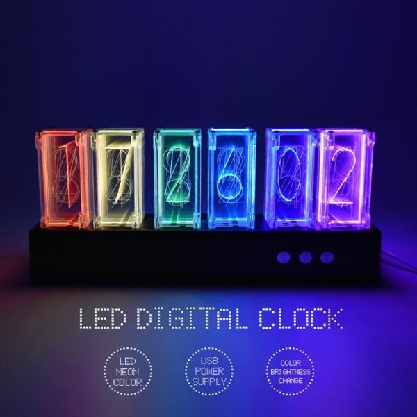 LED ニキシー管風 デジタル時計 置き時計 卓上時計 ネオン 虹