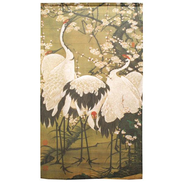 のれん 暖簾 伊藤若冲 梅花郡鶴図 85X150cm 和風のれん 目隠し 店舗 施設 向け 日本製 和風 おしゃれ シンプル 和柄 和風 玄関 目隠し 150丈