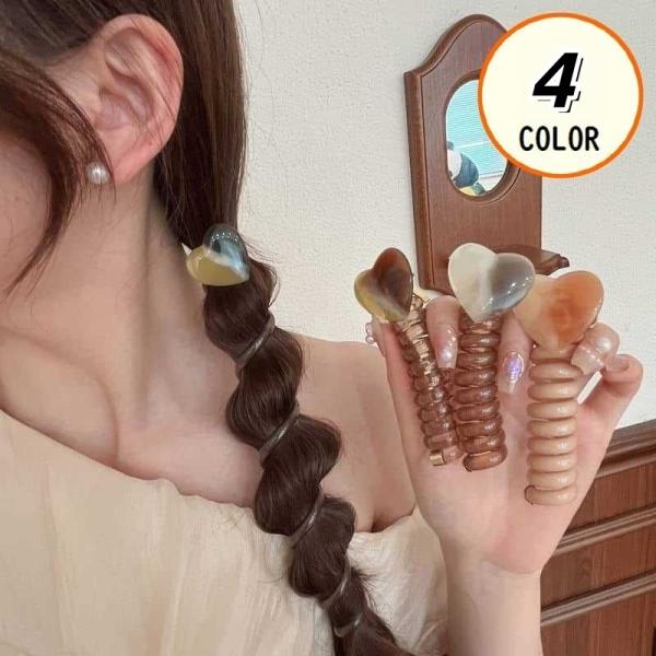 マーブル調ハート型チャーム付きの大人可愛いデザイン♪くるくる巻くだけ簡単ポニーテール！レディース用のコイルポニーです。まとめ髪・ヘアアレンジの便利アイテム☆ちょっとしたギフト・贈り物にもオススメ◎【サイズについて】画像をご参照ください。【素...