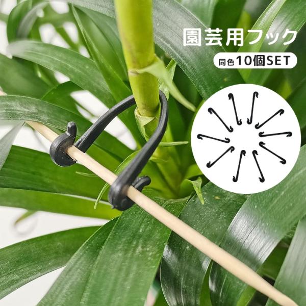 植物や野菜などの誘引に使える園芸フック。支柱、誘引の紐やネットに引っ掛けて使用します。※同色の10個セットです。【サイズについて】画像をご参照ください。【素材について】ポリプロピレン(PP)【カラーについて】生産ロットにより柄の出方や色の濃...