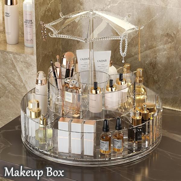 2段タイプの大容量メイクボックスです。360度回転するので、取り出しやすく便利◎アクセサリー類が掛けられる、パラソル付きのおしゃれなデザインです♪【サイズについて】画像をご参照ください。【素材について】プラスチック【カラーについて】生産ロッ...
