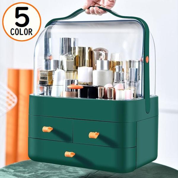 大容量＆収納力抜群の多機能アイテム♪手提げ用持ち手＆引き出し付きメイクボックスです。中身が見えるクリアデザイン！防塵カバー付き◎アクセサリーや各種小物類の収納にも便利☆【サイズについて】画像をご参照ください。【素材について】プラスチック【カ...
