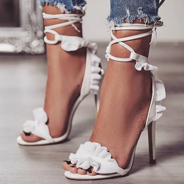 サンダル レースアップ ハイヒール ピンヒール フリル レディース 靴 シューズ フェイクレザー シンプル 夏 おしゃれ きれいめ