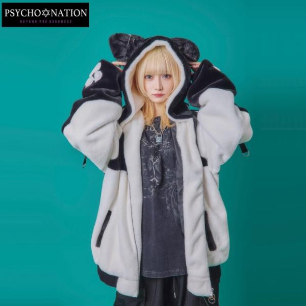 猫耳 ファーフードブルゾン ふわふわボリュームファー チャーム付き猫