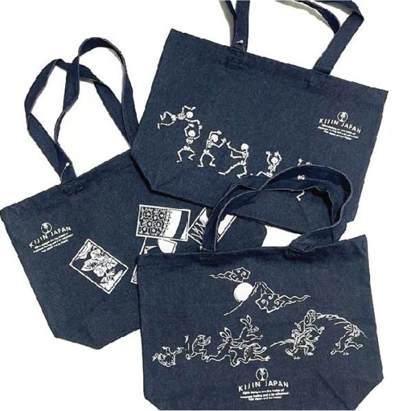 デニムトートバッグ 鳥獣戯画の鬼ごっこ 花札 盆（ボーン）踊り kj