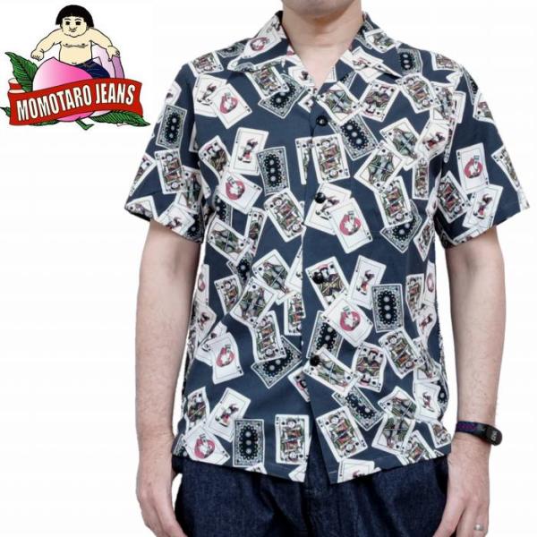 MOMOTARO JEANS　 桃太郎ジーンズ　 アロハシャツ コットンレーヨン 桃太郎ジーンズ 半袖シャツ トランプデザイン コットンレーヨン