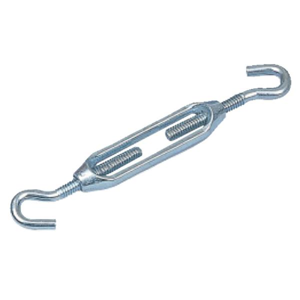 ロープ付属金具ダイカスト ターンバックル 両フック(白) 電気メッキ DT型式： DT8ねじの径： W5/16 枠長： 95 mm全長 MIN-MAX： 155-220 mm破断荷重： 310 kg自重： 110 gスリーエッチ HHH