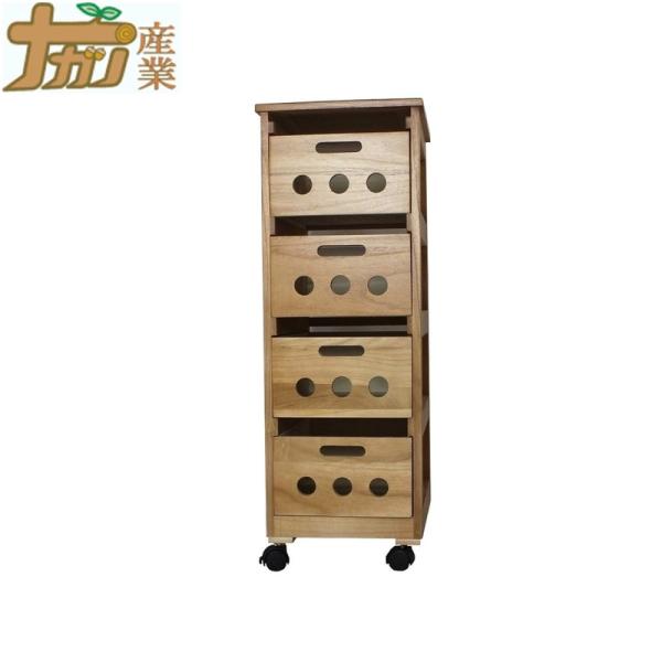 キッチンで便利な桐製の野菜ストッカーです。自然に近い透明感あるクリア塗装で仕上げました。引き出しには穴がたくさん空いていて通気性に優れています。天板はタイル貼り、ナベやケトルなどをおけます。キャスター付きで移動もラクラク。（お届け後の取付式...