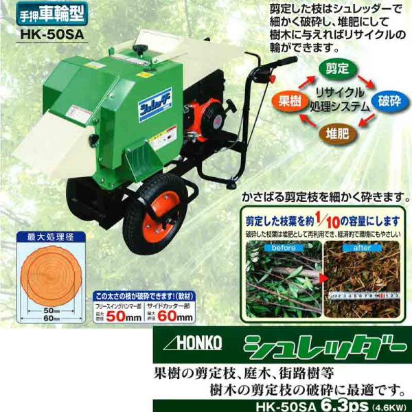 樹木枝 シュレッダー Hk 50sa 110kg エンジン式 60mmまでの剪定した枝葉を約1 10容量に コンパクト 林業 粉砕機 コンパクト 工作機械 Honko 代引不可 個人宅配送不可 プラスワイズ建築