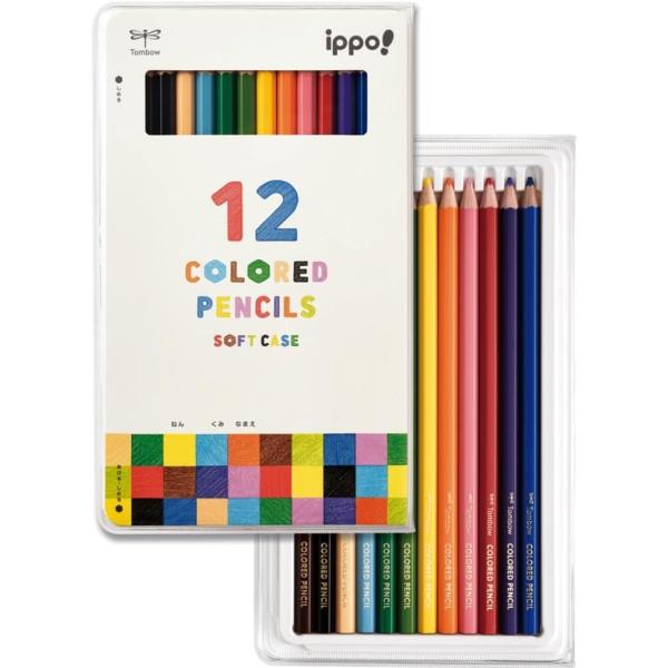 トンボ鉛筆 色鉛筆 12色 軽量 スリムなソフトケース 小学生 六角軸で握りやすい ippo! ホワイト CY-KD0112C